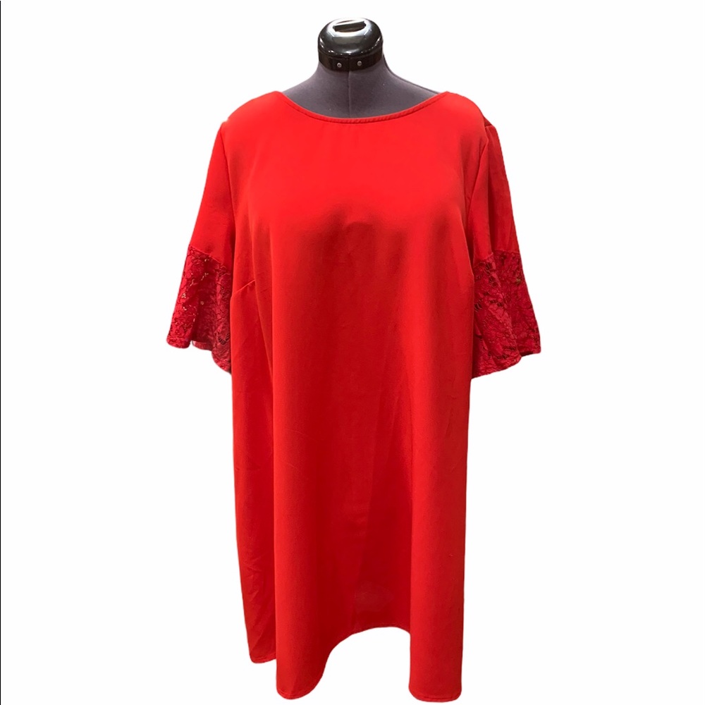 Lane Bryant Red Dress with Floral Lace Sleeves